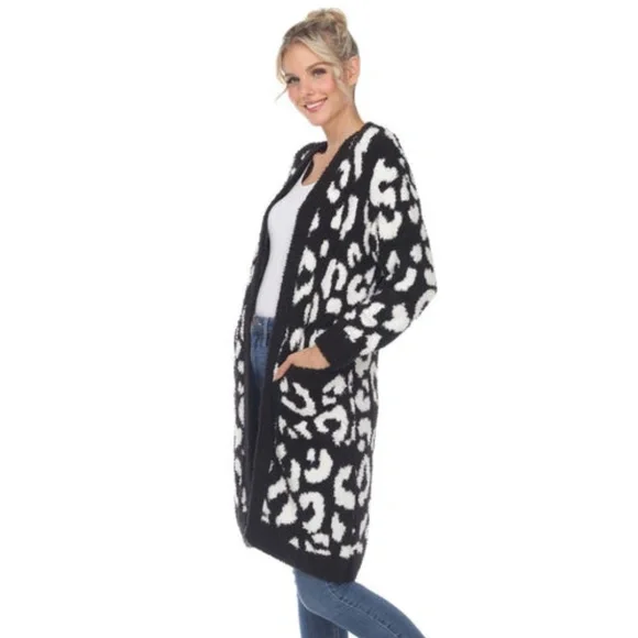 NWT White Mark Animal Print Sherpa Cardigan- Black - Picture 1 of 4